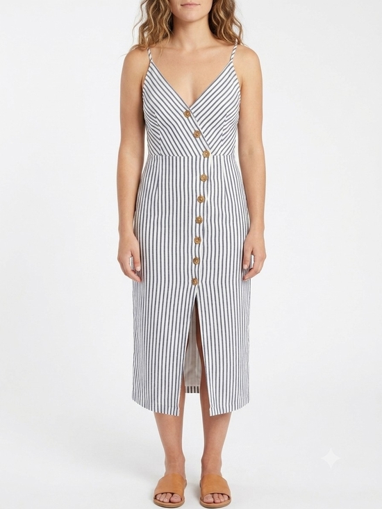 Urban Outfitters Dresses & Skirts - Urban Outfitters Gray and White Striped Button-Front Linen Midi Dress - Sz Small